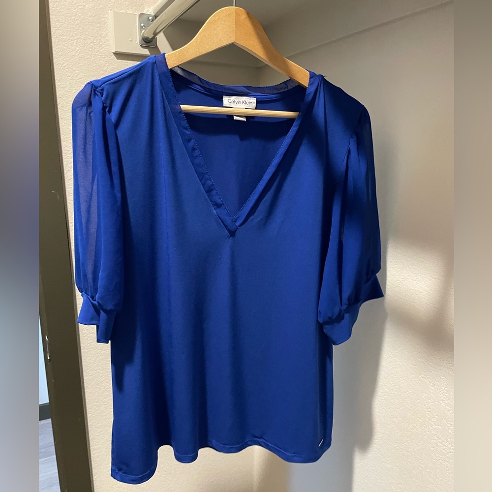 Cute Blue Calvin Klein Dressy Blouse Top, Short Sleeve, Size XL